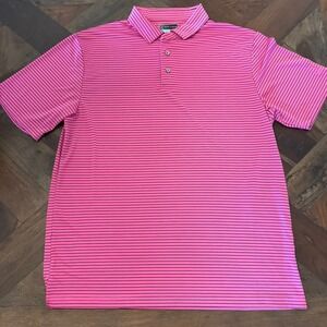 PGA Tour Polo Shirt Mens Large Pink Black Striped Short Sleeve